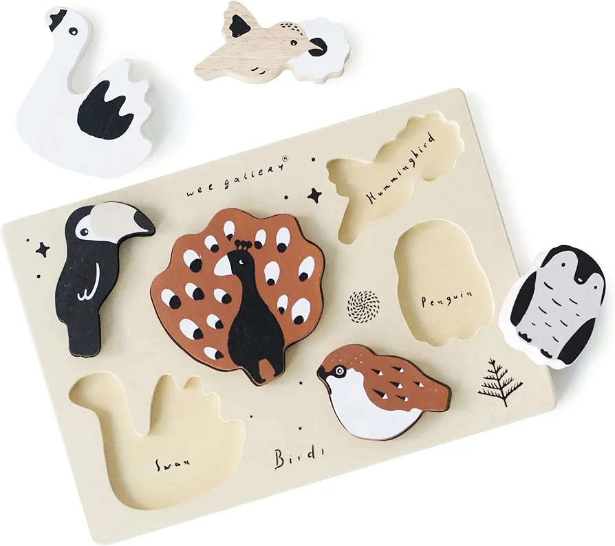 Wee Gallery Wooden Animals Tray Puzzle, Birds - Montessori Toys, Activity for Early Learning, Motor Skills Development, Child Safe Material, Natural Wood, Educational Toy for Kids, Toddler, Preschool