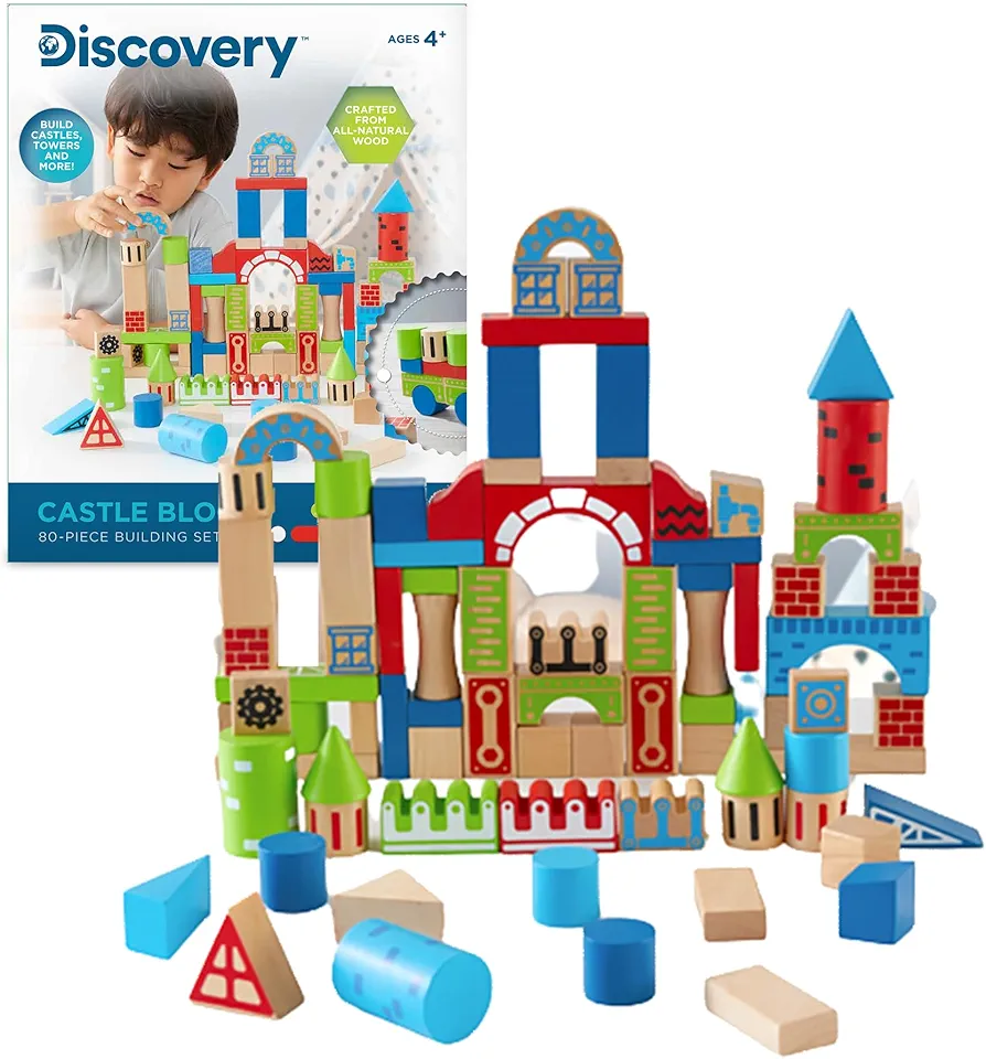 Discovery™ Wood Castle Blocks 80-Piece [Amazon Exclusive] Natural Wooden Building & Stacking Set, Imagination & Creativity Kids Activity Kit, Preschool Toddler Child Safe, Learning Playset Toy