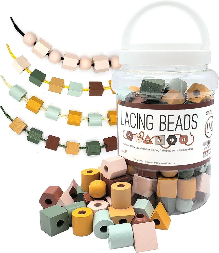 LMC Products Wooden Lacing Beads & Strings 125 Pieces, Fine Motor Skills Toys for 3 Year Old, Fine Motor Toys, Toy Lacing Beads for Toddlers - Boho Colors