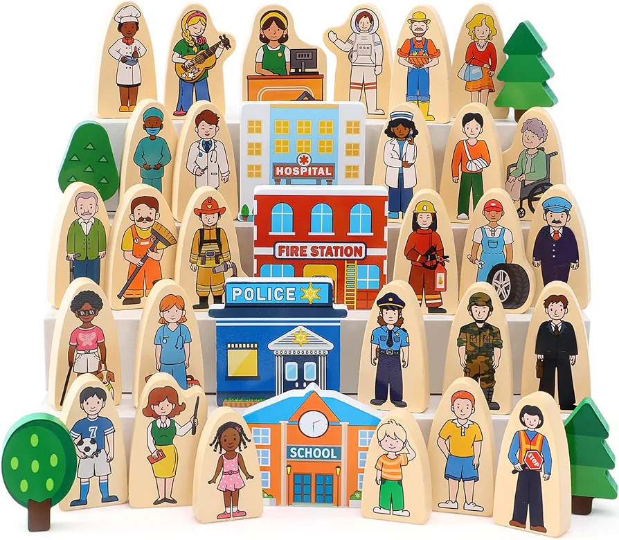 Atoylink 36Pcs Wooden Community Helpers Pretend Play Toys for Kids 3 4 5 6 Year Old, Little People Figures Wooden Blocks Occupations Dress up Toddlers Preschool Learning Toys Boys Girls Birthday Gifts