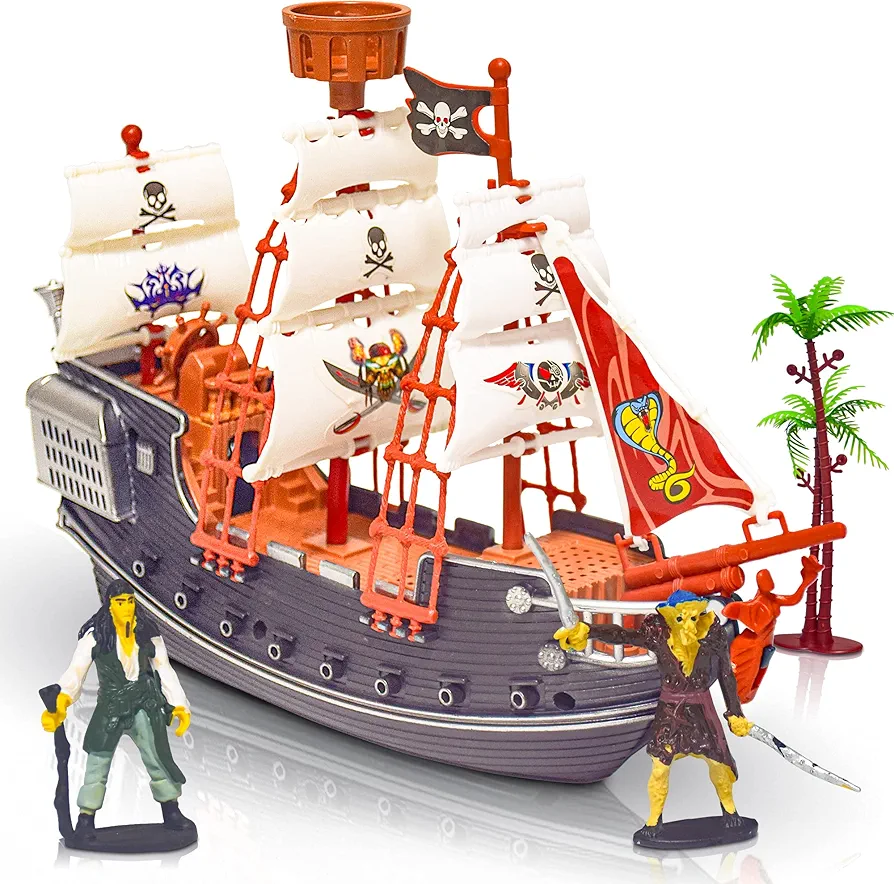 ArtCreativity 10 Inch Pirate Boat, Detailed Pirate Ship Toy Playset with 2 Pirate Action Figures & Tree, Fun Pirate Party Favor and Prize, Best Gift for Boys & Girls Ages 3+