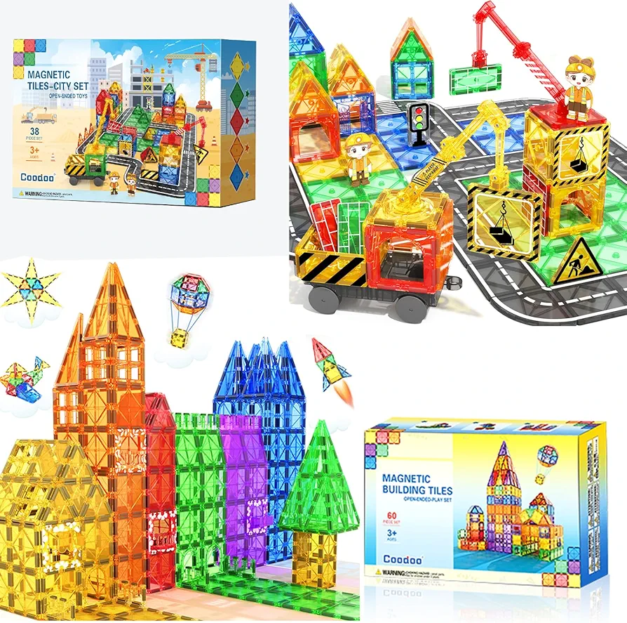 98PCS Kids Games Magnetic Tiles with 2 Cranes Construction Toys Set Sensory Toys for Boys Girls Ages 3-6 5-7 8-13, Gifts for 3+ Year Old Boys Girls Toddler Outdoor Kids Toys with Car