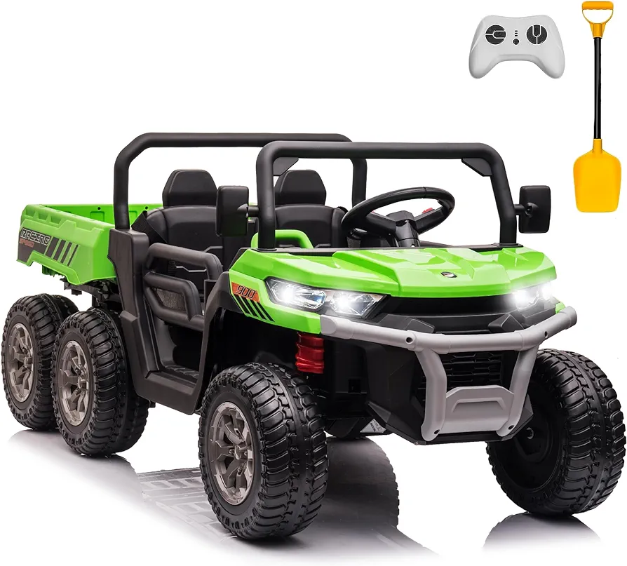 sopbost 4x75W Motors 2 Seater Ride On Car with Remote Control 24V Electric Cars Side by Side UTV Kids Truck w/Motorized Dump Bed, Extra Shovel, 2 Speeds, Music Play, Green