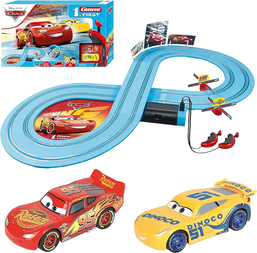 Carrera First Disney/Pixar Cars - Slot Car Race Track - Includes 2 Cars: Lightning McQueen and Dinoco Cruz - Battery-Powered Beginner Racing Set for Kids Ages 3 Years and Up