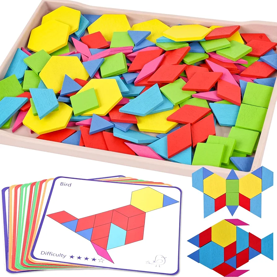 3 otters 150PCS Wooden Pattern Blocks Set, Tangram Puzzles with Cards for Kids Early Education, Includes 6 Shapes, Storage Bag, Unisex, Ages 48+ Months