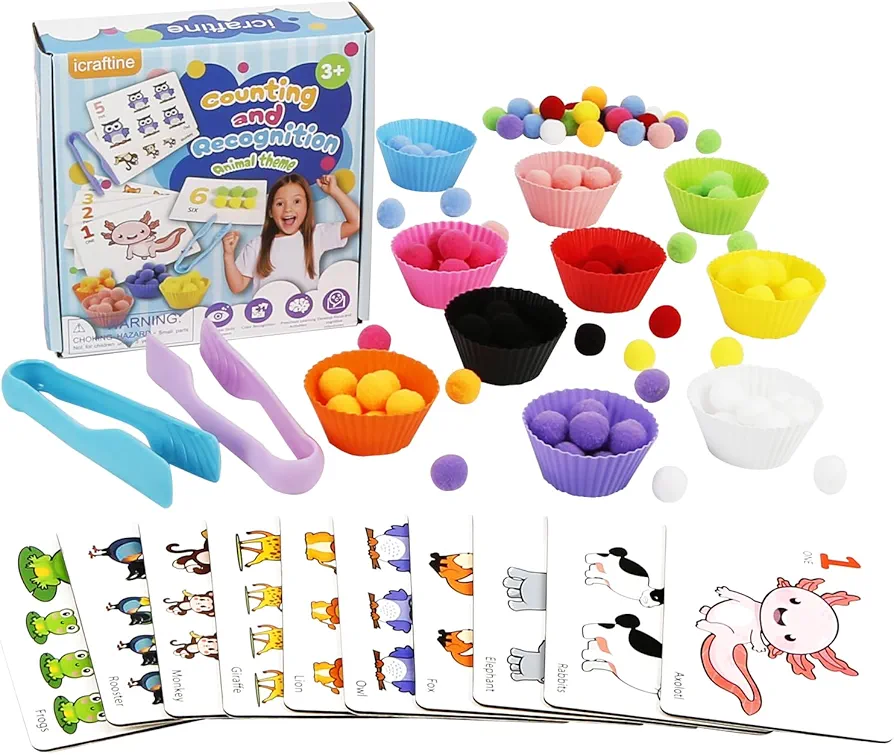 122PCS Counting Sorting Fine Motor Skills Set for Kids - Animal Theme Learning Game Counting Cards, Sorting Bowls, Tweezers, Pom Poms for Sorting, Counting, Recognition Training