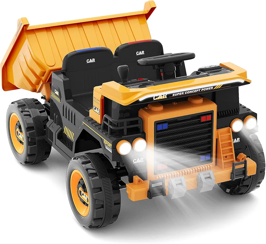 XJD 12V Ride On Dump Truck for Kids, 2 Seater Electric Car with Remote Control, Kids' Electric Dump Bed Power Ride on Construction Vehicle with Music Ride On Toys (Yellow)