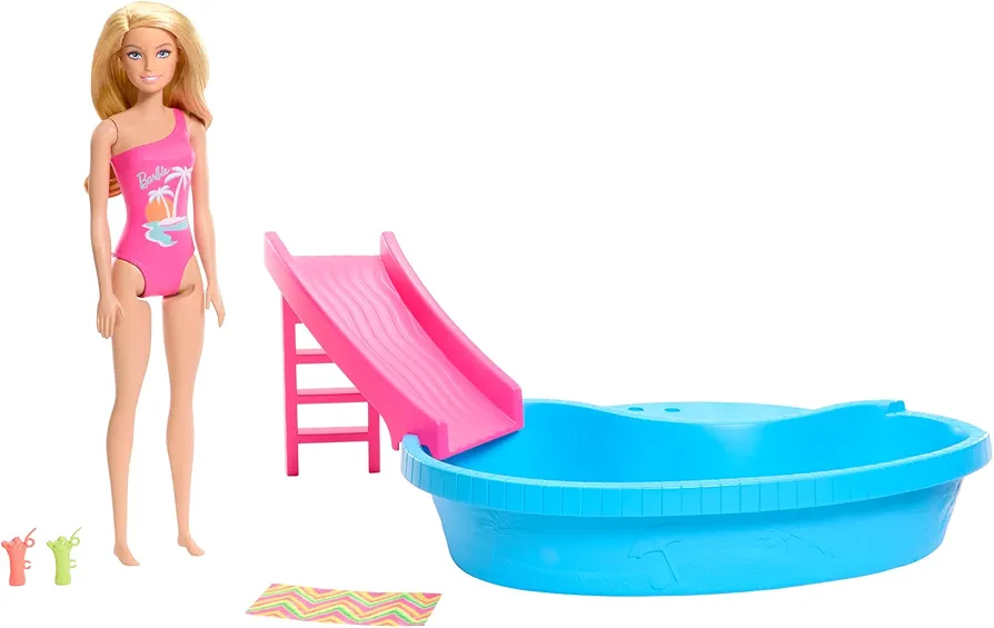 Barbie Doll & Pool Playset, Blonde in Tropical Pink One-Piece Swimsuit with Pool, Slide, Towel & Drink Accessories