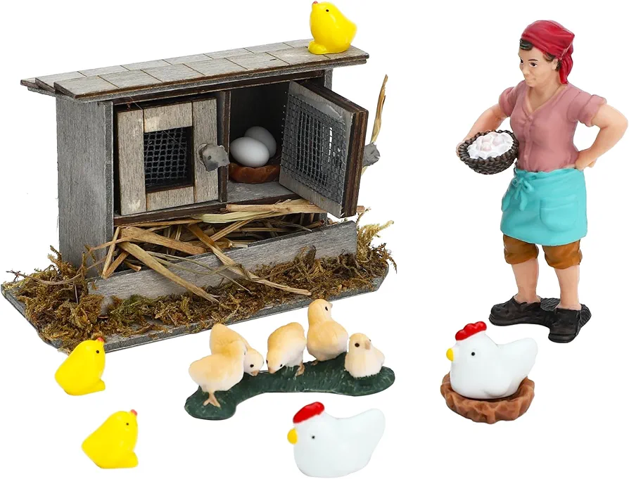 ONEST 16 Pieces Mini Farmer Figurines Hand Painted Chicken Coop Figures Toys Realistic Detailed Hen Chick Chicken Nest Farmer Farm Animal Figurine Model Toys for Kids Toddlers