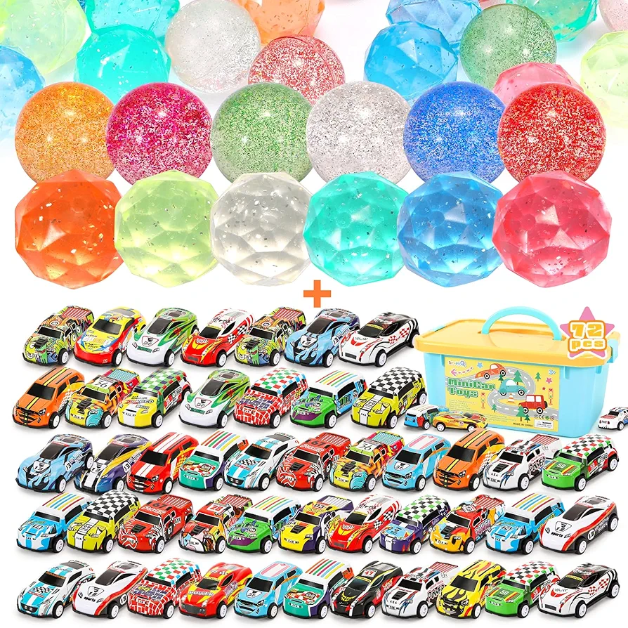 Bouncy Balls 24Pcs & 72Pcs Toy Cars for Kids Pull Back Cars Party Favors Easter Egg Fillers Goodie Bag Stuffers