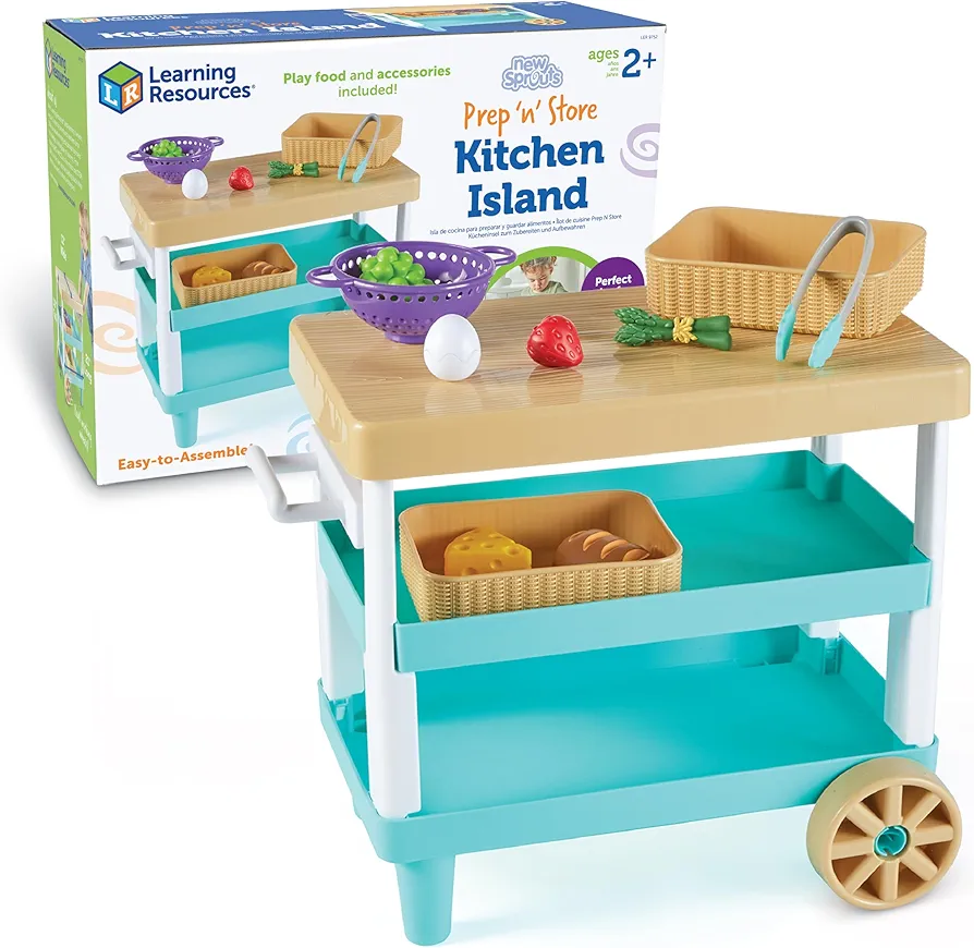 Learning Resources New Sprouts Prep ‘n’ Store Kitchen Island, 11 Pieces, Ages 2+, Play Food for Kids’ Kitchens, Grocery Store Pretend Play, Play Food for Toddlers