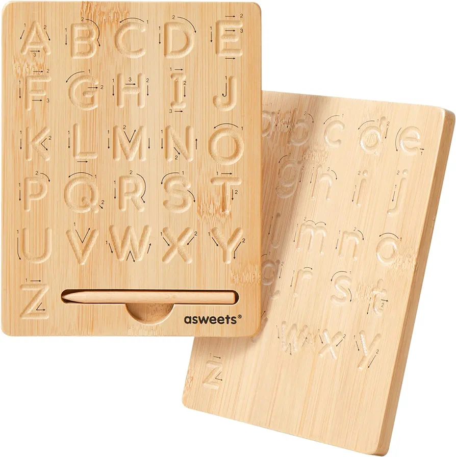 Asweets Montessori Wooden Alphabet Tracing Board,Wood Letter Practicing Board,Double-Sided Boards for Toddlers and Preschool Gifts for Kids