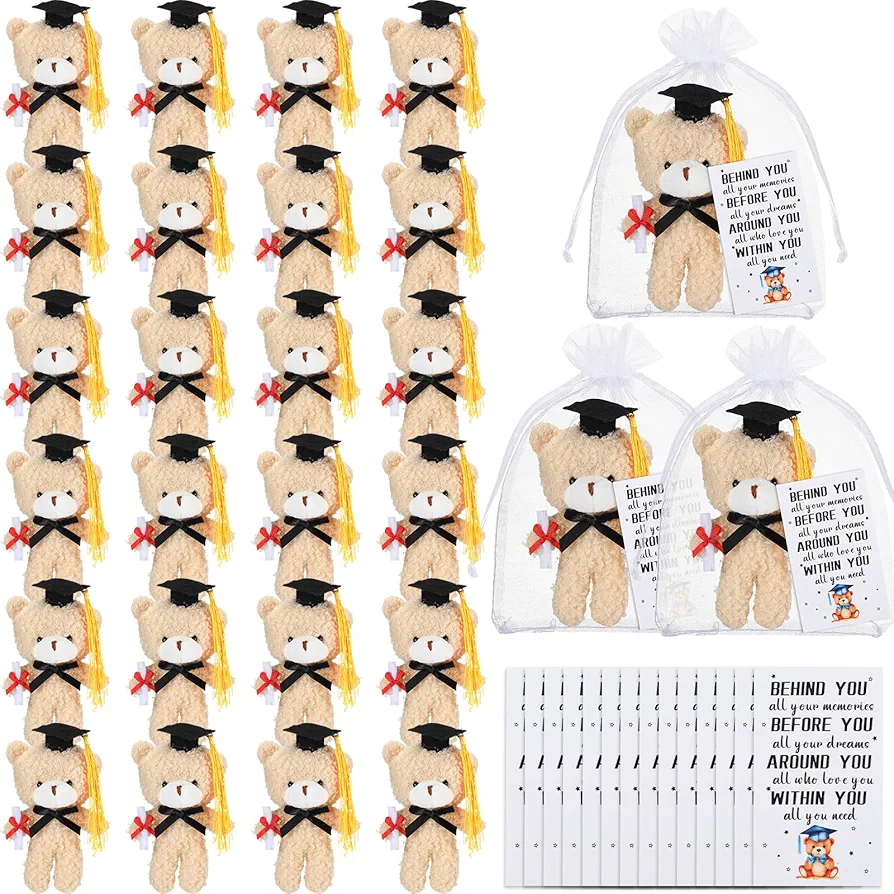 24 Sets Mini Graduation Bear 5.5 Inch Small Plush Stuffed Bear Tiny Bears Doll with Cap Gift Card Organza Bags for College High School Party Favors Graduation Gifts DIY Keychain