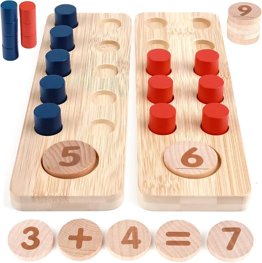 DINORUN Counting Peg Board Montessori Math for Kids Wooden Math Manipulatives for Preschool Montessori Teacher Classroom Material