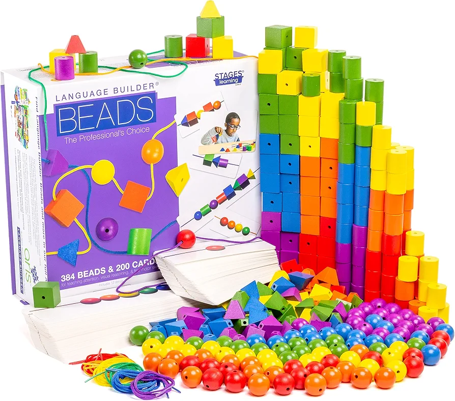 Stages Learning Language Builder Stringing Beads Kit Curriculum for Autism & Preschool 384 Wood Beads and 200 Patterning Flashcards, Classroom Set