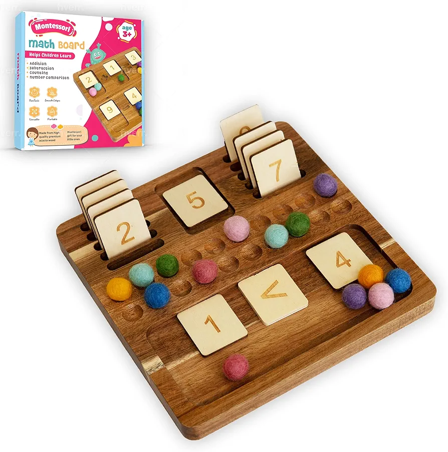 Wooden Montessori Math Board Toy - Helps Kids Learn Addition and Subtraction - Math Manipulatives Games for Kindergarten and Preschool Kids Ages 3 4 5 6 8 Years Old