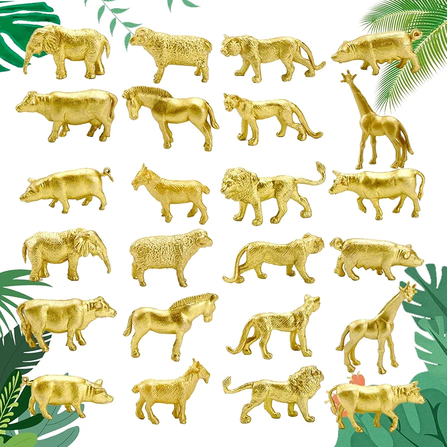 24Pcs Gold Safari Animals Figurines, Plastic Zoo Animal Figures with Horse, Lion, Elephant, Giraffe for Jungle Animal Themed Birthday Party, Shower Decor…