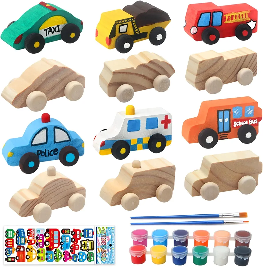 Wooden Cars to Paint for Kids,Come with 12pcs DIY Wooden Cars for 12pcs of Color Pigments and 1pcs Car Styling Sticker