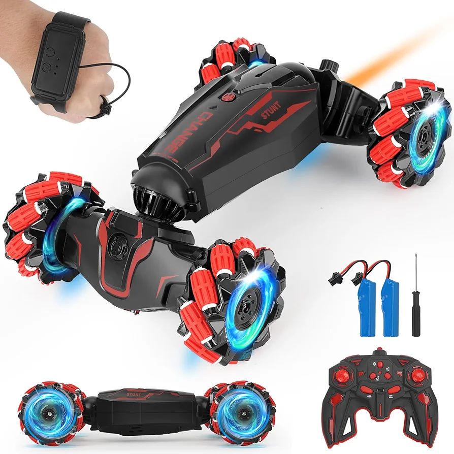 Gesture Sensing RC Stunt Car Hand Controlled, LED Lights, Music, 4WD, Double-Sided 360° Flips, Off-Road Twist Vehicle. Best Birthday Gift for Kids Ages 6-13, Boys' Toys.