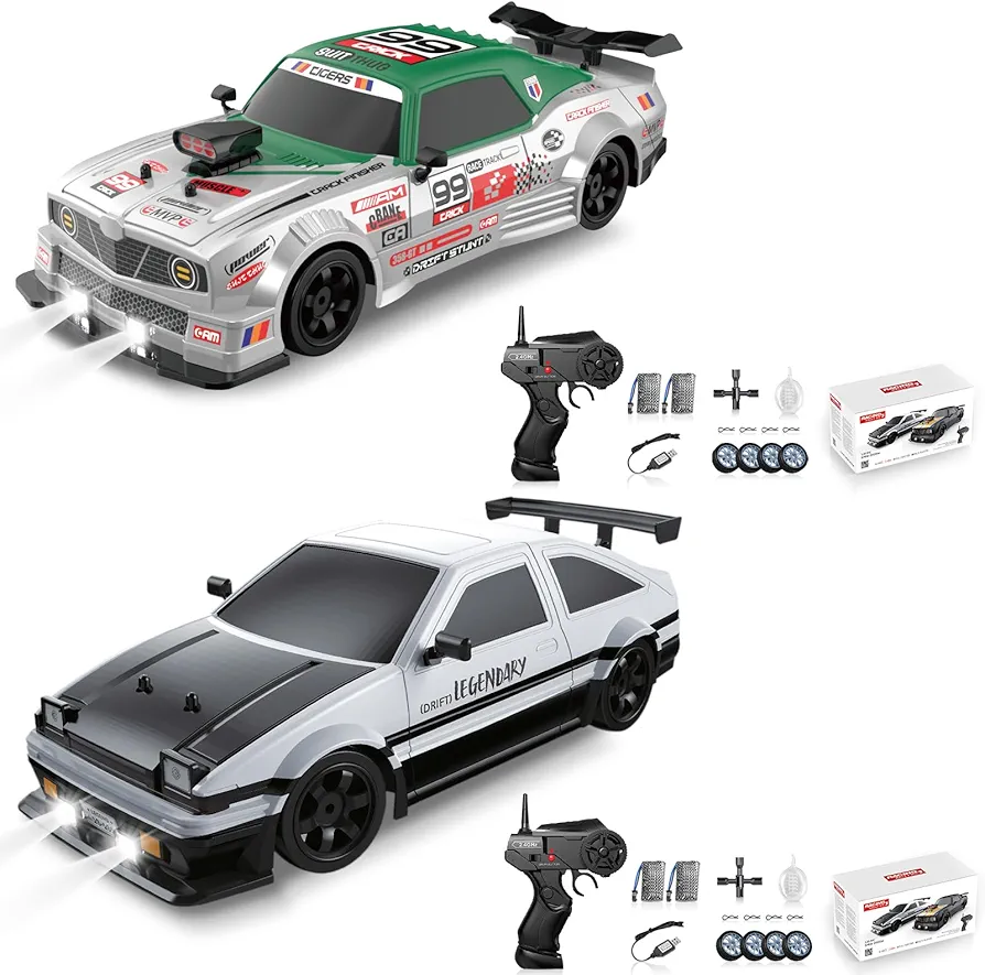 2PCS RC Drift Cars 2.4GHz 1:16 Scale 4WD High Speed Remote Control Cars with LED Lights Two Batteries and Drifting Tires Racing Sport Toy Cars for Adults Boys Girls Kids Gift