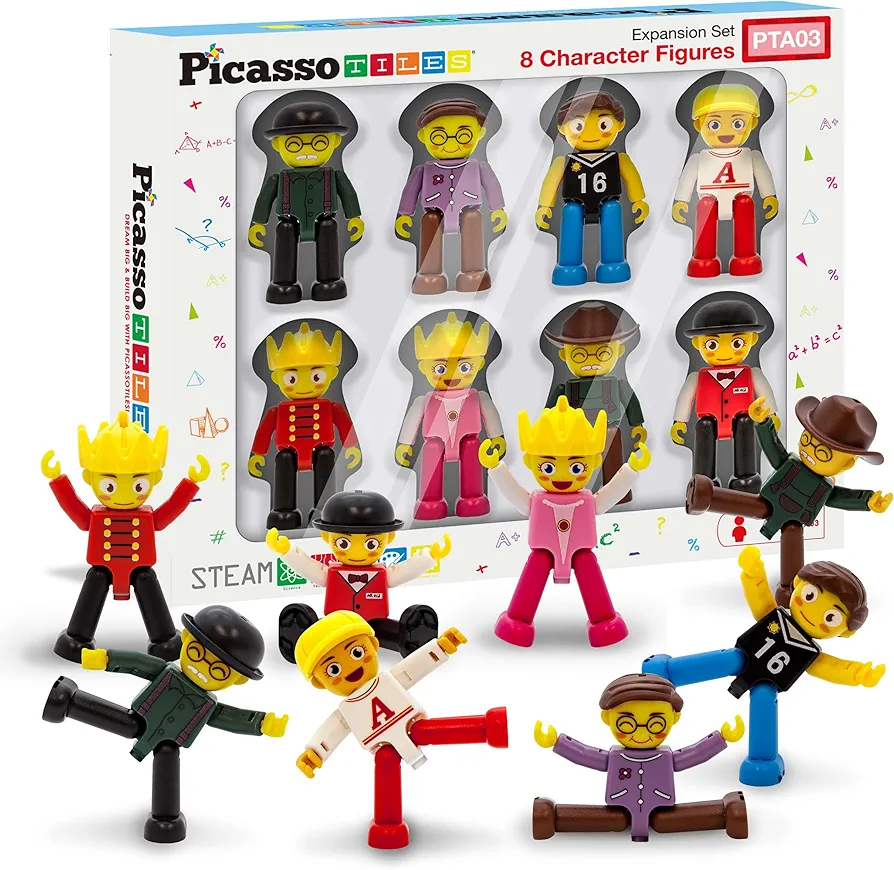 PicassoTiles Magnetic Figures 8 Piece Character Action Figure Toddler Toy Set Magnet Expansion Variety Pack Play People Add-ons STEM Learning Kit Pretend Playset for Construction Building Block PTA03