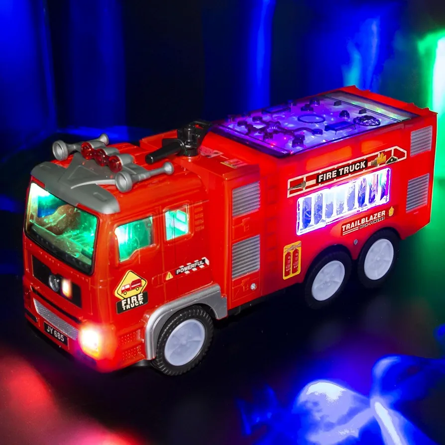 Large Fire Truck- Garbage Truck- Construction Truck- Excavator Truck- Container Truck Car Toy for Kids Boys 3+ Birthday Gifts, Kids' Play Trucks with 4D Lights & Music- Automatic Bump Go Technology