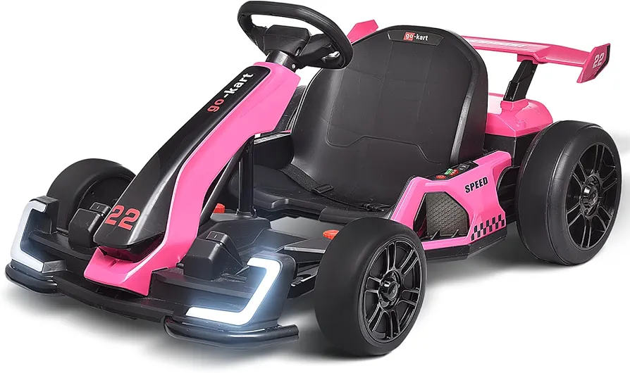 Blitzshark 24V Kids Go Kart 300W Drift Kart Powerful Electric Pedal Kart Outdoor Race Toy, with 2X150W Strong Motor, 7AH Battery, EVA Tire, Drift/Sports Mode, Brake Pedal, Length Adjustment, Rose Pink