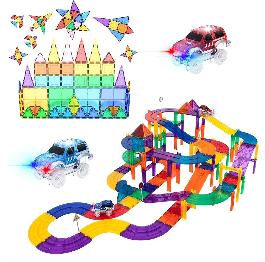 PicassoTiles 100PC Magnetic Race Car Track + 60PC Magnet Tiles, Fun & Creative Playset: STEAM Learning, Enhance Construction Skills, Hand-Eye Coordination and Fine Motor Skills, Gift for Boys & Girls