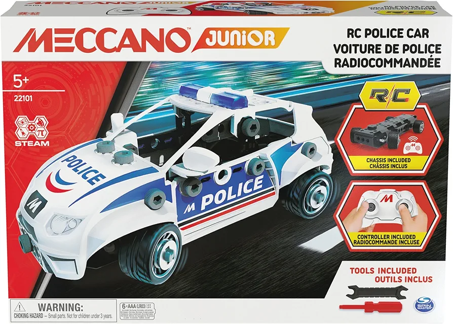 Meccano Junior, RC Police Car with Working Trunk and Real Tools, Toy Model Building Kit, STEM Toys for Kids Ages 5 and up