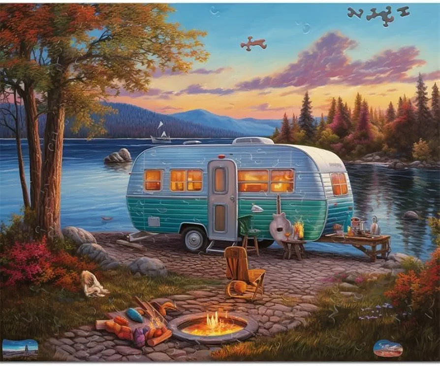 Camping car lakeside campfire Adults Kids 1000 Pieces Jigsaw Puzzle Challenging Educational Fun Family Games Toys Gifts for Home Kitchen Decor