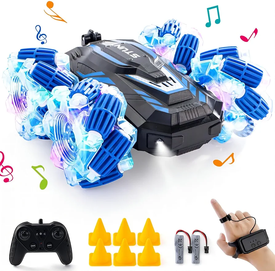 RC Stunt Car, Double-Sided 360° Flips, 4WD 2.4Ghz Gesture Sensing RC Cars with Cool Lights and Music, for Boys Aged 6-12, Great Birthday Gifts, Toy Cars (Blue).