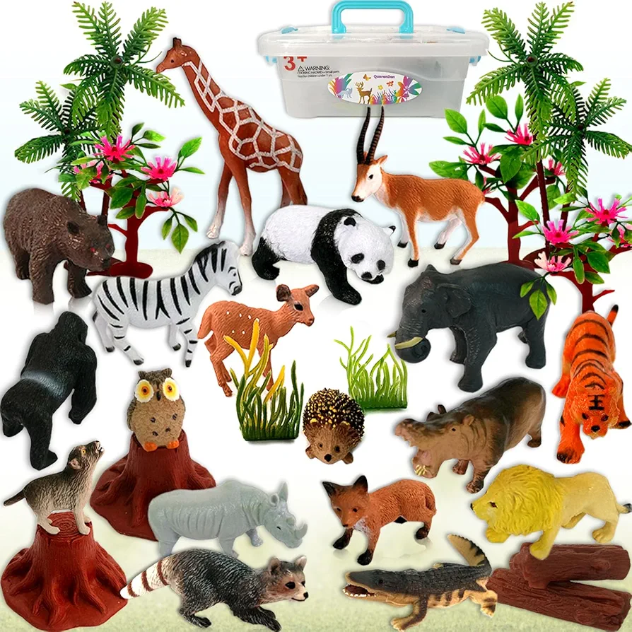 Animals Figures Toys, Realistic Wild Zoo, 29Pcs Model Trees with Safari Animals, Plastic Figurines Playset for Kids' Learning & Party