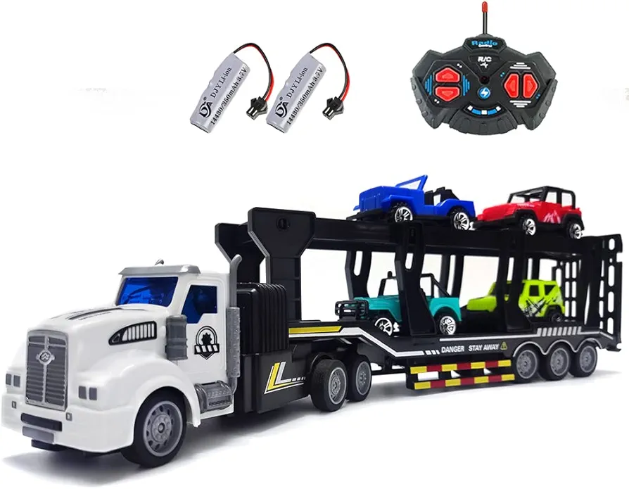 Remote Control Car Transporter Truck Includes 4 Cars - 14" 1:48 Mini RC Toy Semi Truck Trailer with 2pcs Rechargeable Batteries, Carrier Car Truck Vehicle with Lights, Great Gift for Kids Boys Girls