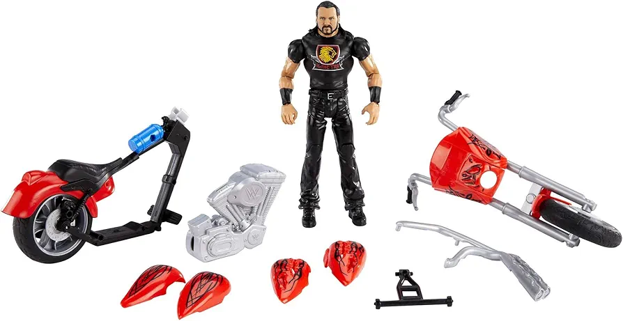 WWE Wrekkin Slam Cycle Motorcycle (10.5 in) with Wheelie Action and 9 breakable parts, with 6-in/15.24-cm Drew McIntyre Basic Action Figures; Gift for Ages 6 Years Old & Up