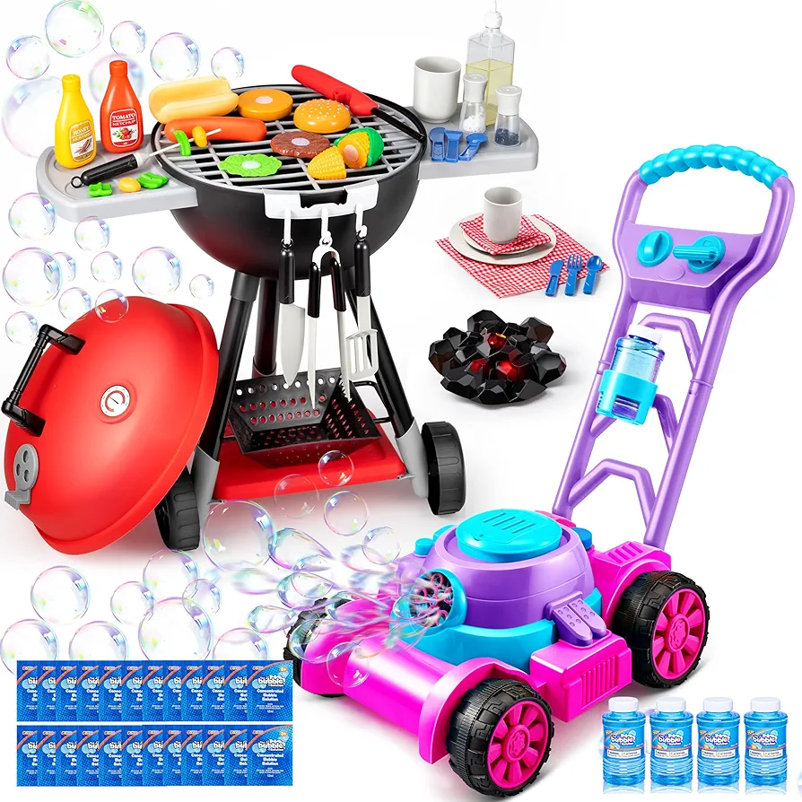 Sloosh Bubble Lawn Mower with JOYIN 34 PCS Cooking Toy, Mower Toddler Toys - Kids Toys Bubble Machine Summer Outdoor Toys Games, Bubble Mower Toy, Kitchen Toy Set, Toy BBQ Grill Set, Little Chef Play