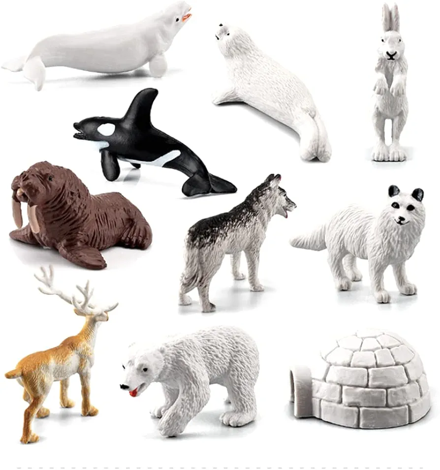 10PCS Realistic Polar Animals Figurines Toy Mini Arctic Animals Toys Set 1-2 Inch Plastic Arctic Tundra Deer Toy Animal Small White Bear Arctic Fox Kids Diorama Birthday Gift