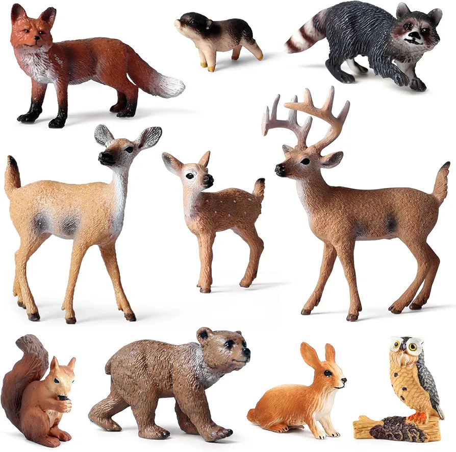 Forest Animals Figures, 10pcs Realistic Woodland Creatures Figurines for Kids, Plasitc Jungle Animals Toys for Cake Topper Birthday Gift