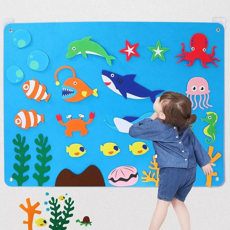 Allogogo Under The Sea Interactive Felt Board 26pcs Ocean Creatures Storytelling Set with Shark Educational Flannel Play Kit Reusable Creative Play and Learning Wall Hanging Gift for Toddlers, Sea