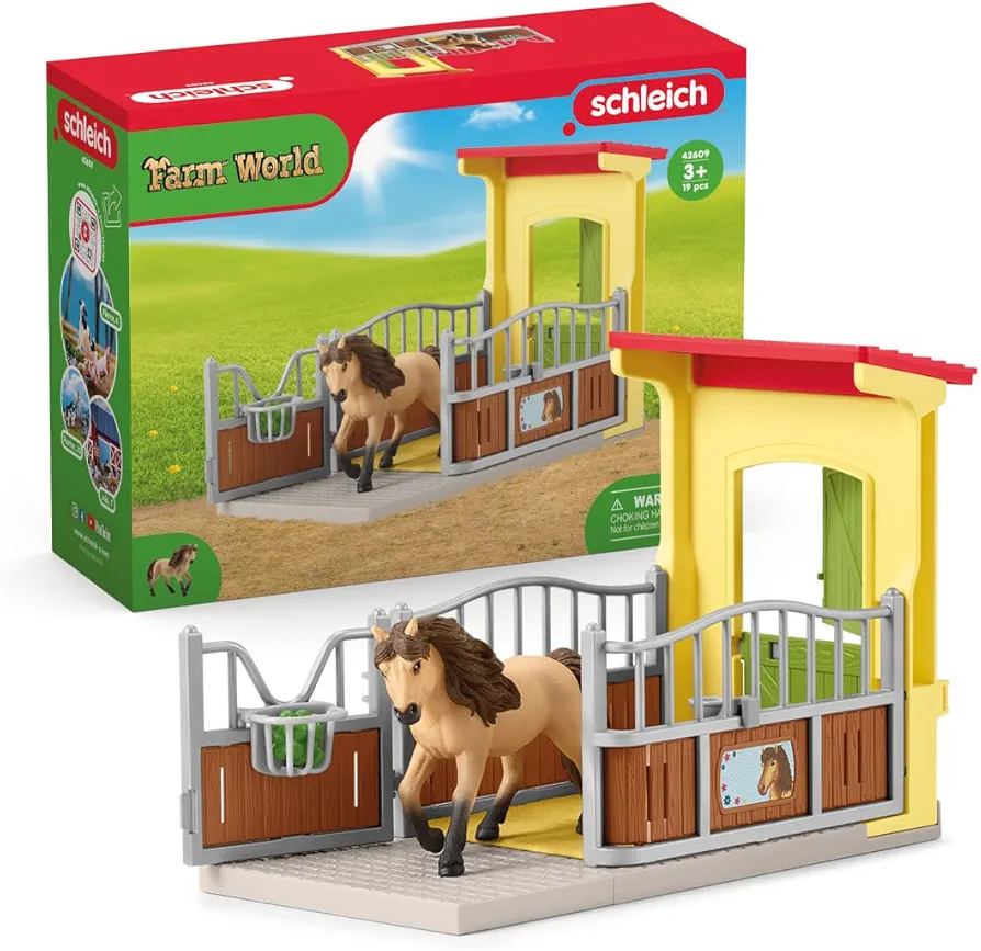 Schleich Farm World, Horse Toys for Girls and Boys, Horse Stall Set with Iceland Pony Stallion Toy Figure