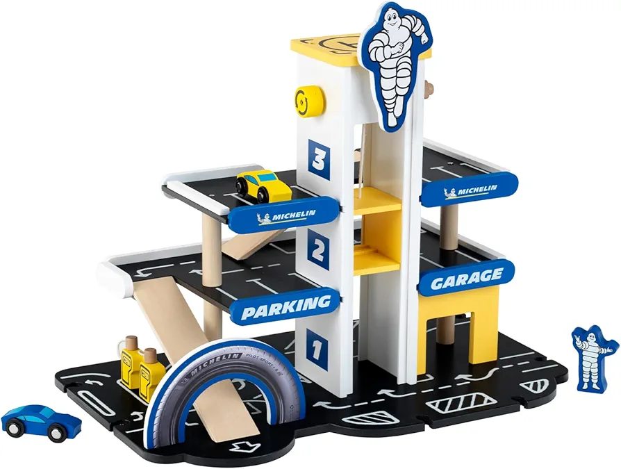 Theo Klein Michelin Car Service Mechanic Station Kids Wooden Toy Playset with 1 Play Car, Screwdriver, and Tires for Ages 3 and Up