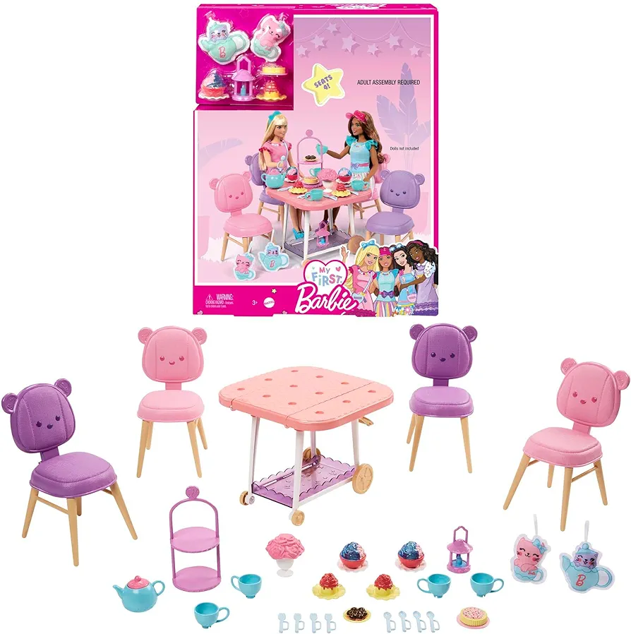 Barbie Tea Party Playset for Preschoolers, My First Barbie Tea Party Playset and Accessories, Preschool Toys and Gifts, Tea Party with 18 Storytelling Pieces, Two Plush Items, from 3 Years, HMM65