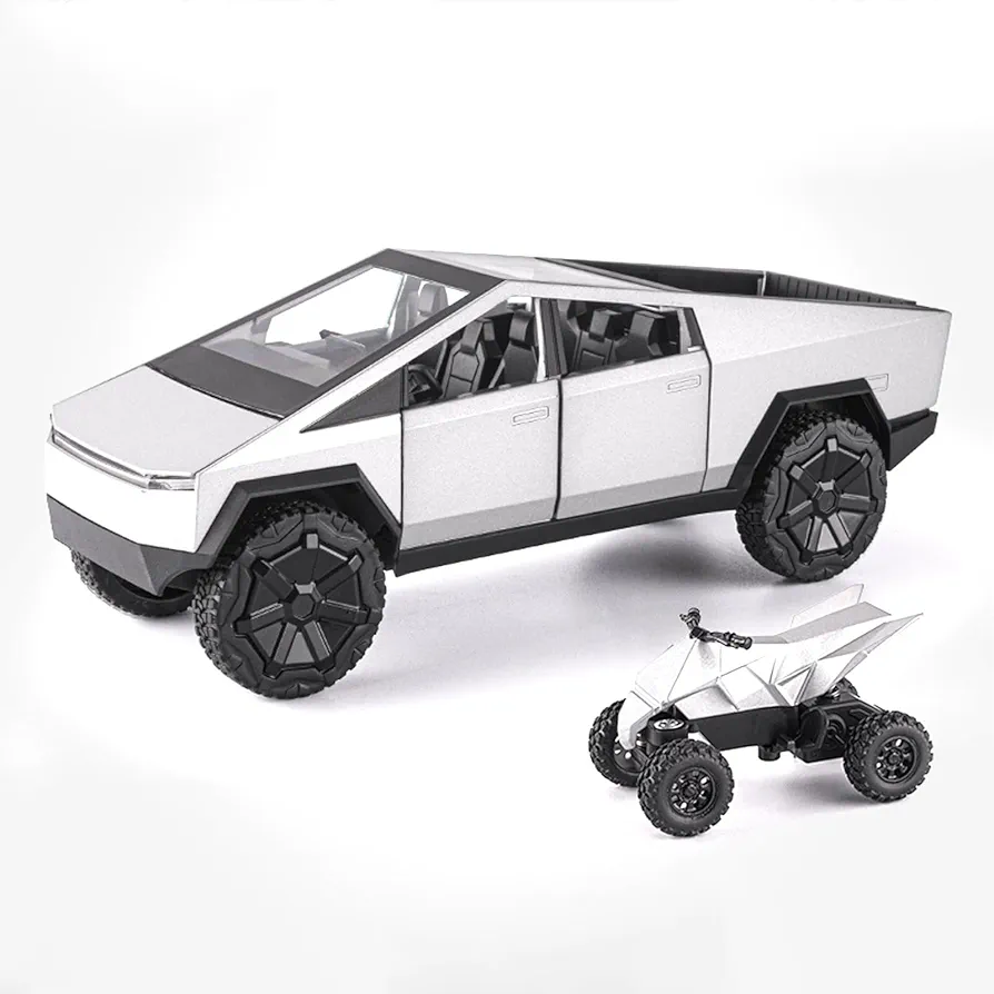 Cybertruck Toy with Motorcycle - Alloy Diecast Car Model with Sound and Light, Pullback Cyber Truck Pickup Toy Trucks for Kids, Adults & Cybertruck Model Lovers (1/32 Silver Pickup+Motorcycle)