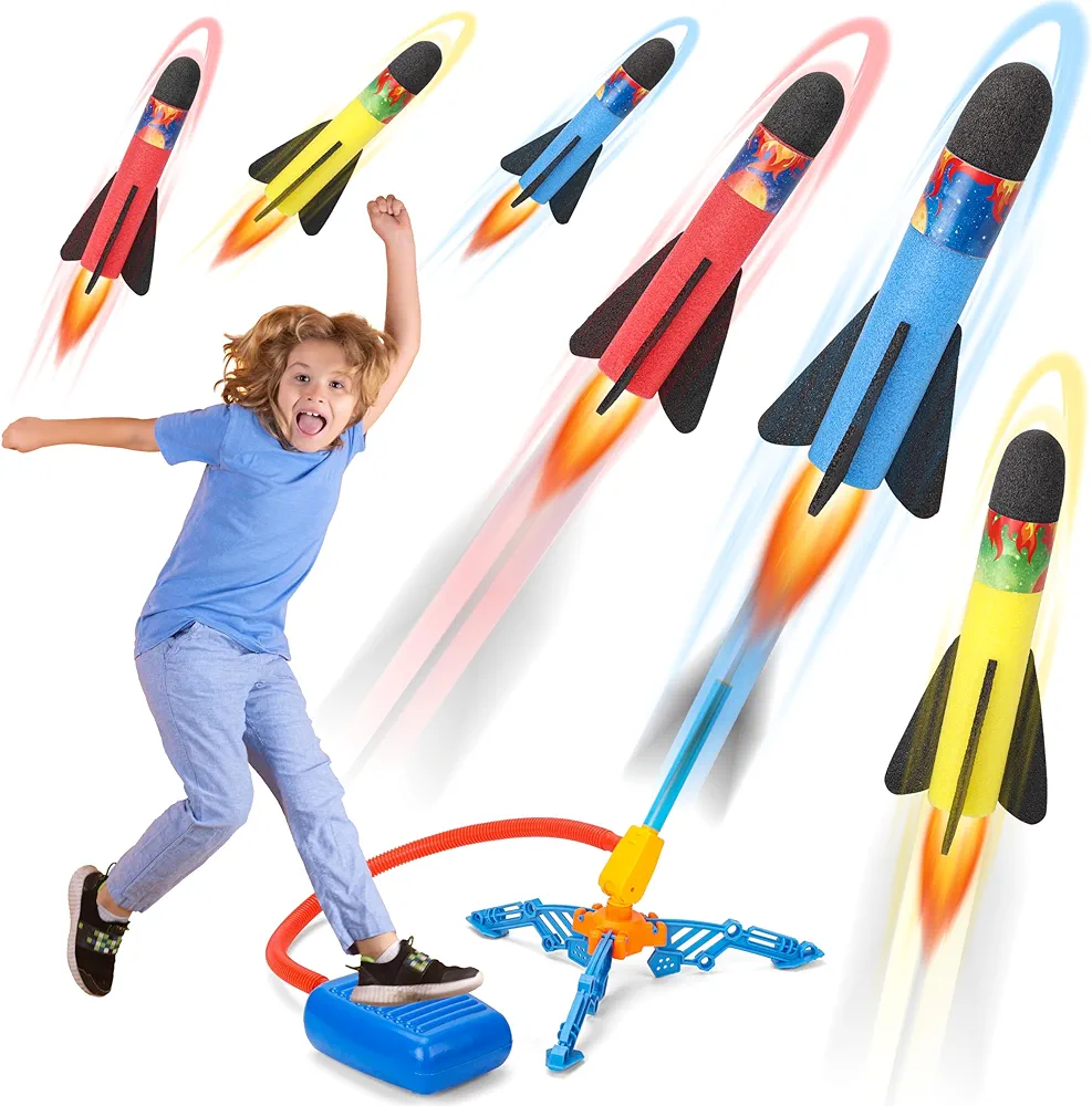 Toy Rocket Launcher for Kids, Flying Foam Rocket & Jump Air Launching Pad, Fun Outdoor Outside Activitie Sport Game Birthday Gift Idea Present for Kids Boys Girls Toddler Age 3+ Years