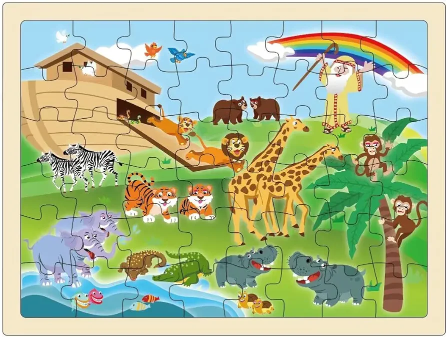 Wooden Jigsaw Puzzles Noah's Ark 48pcs Preschool Educational Learning Toys for Kids 3 yrs up, Preschool Gift for Boys and Girls Religious Puzzles