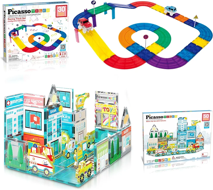 PicassoTiles 30PC Magnetic Race Car Track + 50PC Metro City Magnet Tiles, Fun & Creative Playset: STEAM Learning, Enhance Construction Skills, Hand-Eye Coordination and Fine Motor Skills, Gift Idea