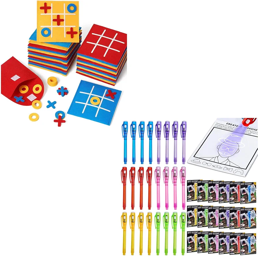 Tic Tac Toe 30 Pack + Invisible Ink Pen 12 Pack,Educational Toys for Goodie Bag Stuffers,Class Prizes for Students,Easy to Store