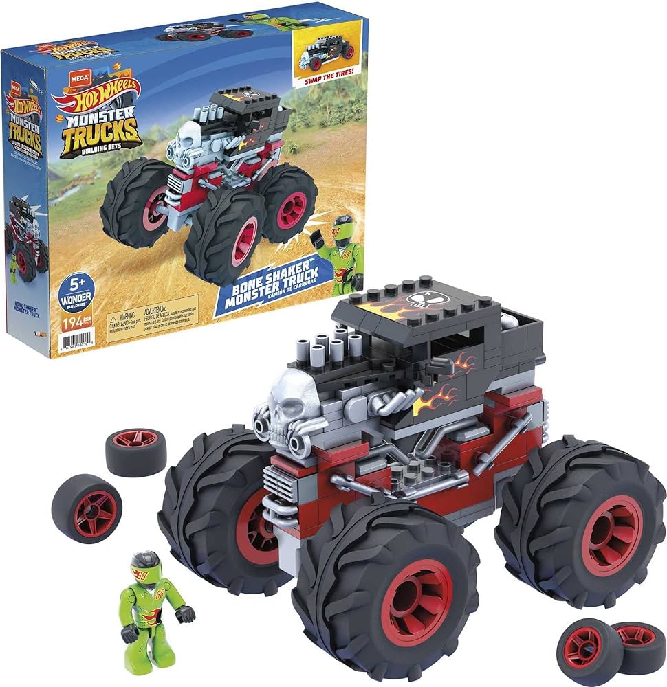 Mega Hot Wheels Bone Shaker Building Set with Micro Figure Driver, Rolling Wheels and Authentic Features, Toy Gift Set for Ages 5 and Up