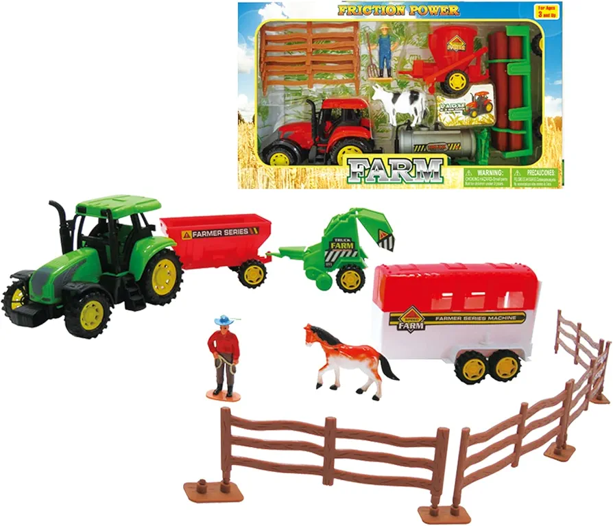 MAGGIE Farm Tractor Trolley Play Set Imaginative Play and Learning Farm Animal Toy Tracttor Set with Farmer and Cow Figures for Birthdays Christmas Return Gifts, Light Green, 1511-1A