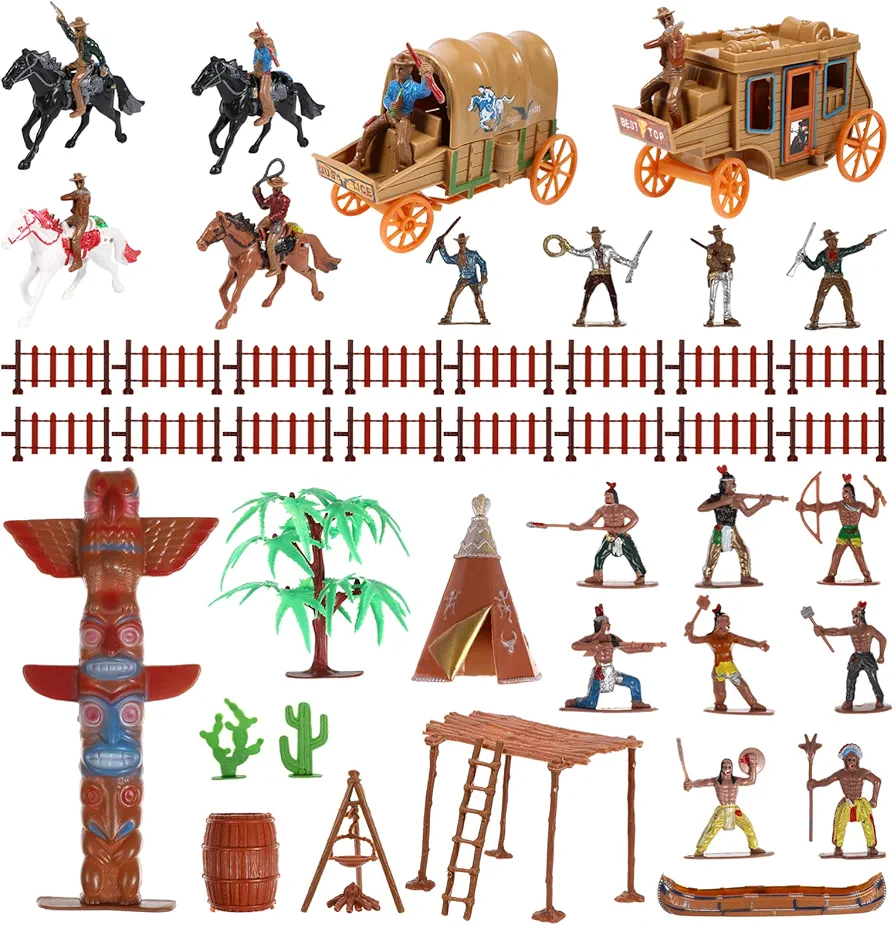 NUOBESTY Plastic Indian Figures Playset Toy Wild West Cowboys and Indians Plastic Figures Toys Native American Figures with Horse, Tent, Totem etc. Toy Soldiers for Kids