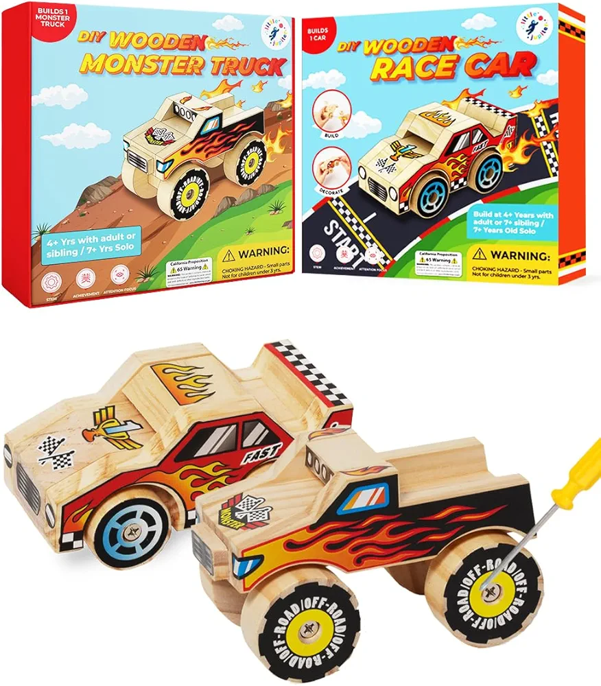 DIY Wooden Kits with Stickers - Kids Building Kit - Stem Building Toys - Wood Crafts for Kids - Building Kits for Kids - Woodworking Kits for Kids - Wood Building Kit (Monster Truck 1 & Race Car)